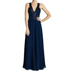 Dress the Population Women's Delani Sequin Crepe Gown Navy Size S NWOT